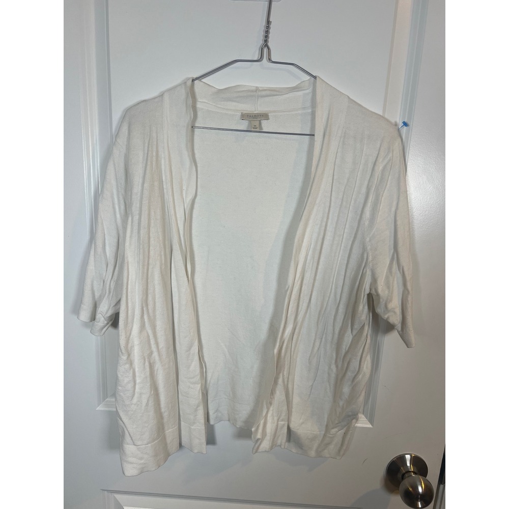 Talbots Womens Cardigan 100% Cotton Open Front White Elbow Sleeve Size 1X